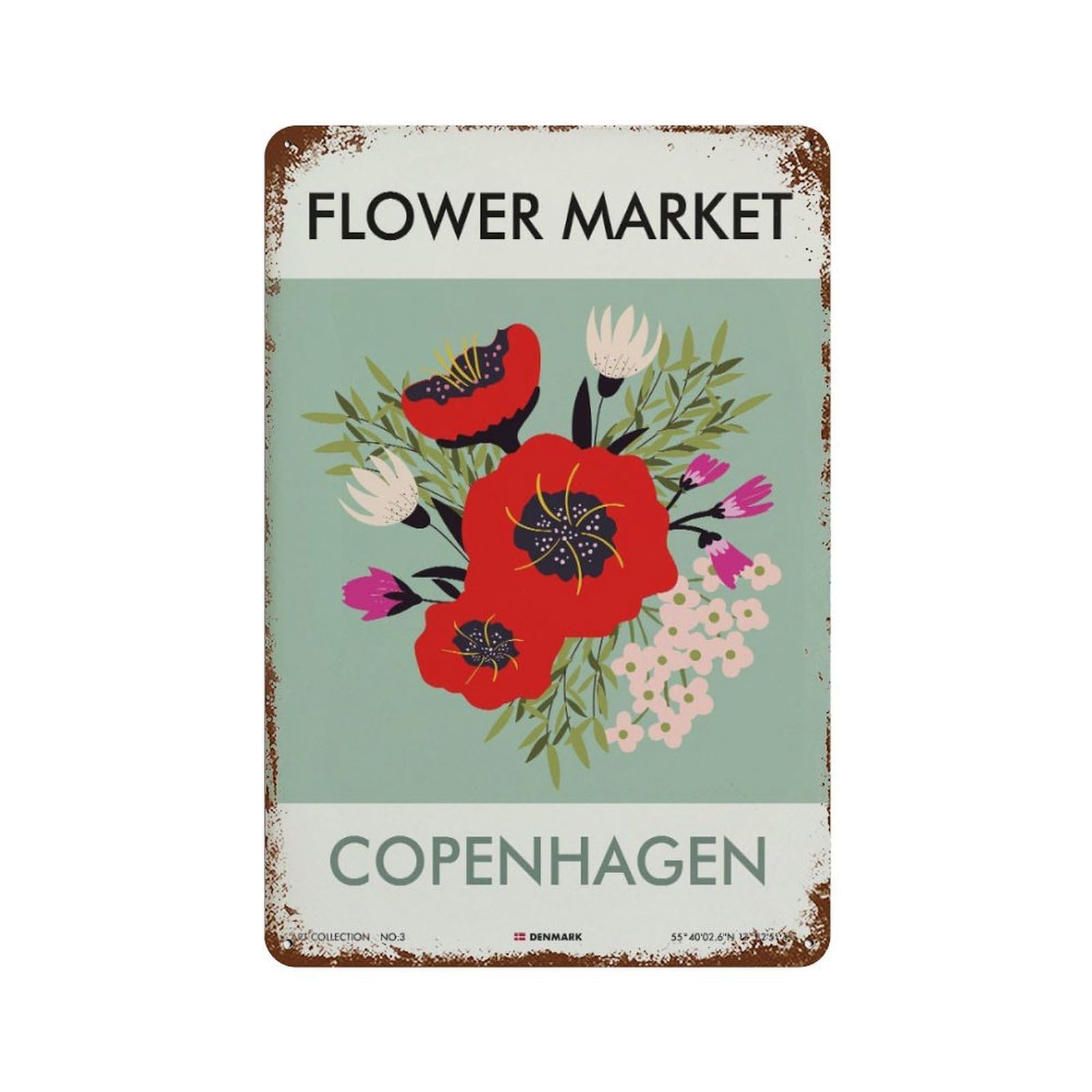 xiaoxiaoshen Flower Market COPENHAGEN Floral Florist Gift, Minimalist Wall Decor Art Metal Tin Poster Modern Home Decor Art Home Bar Shop Decorations Vintage Sign 30x20cm