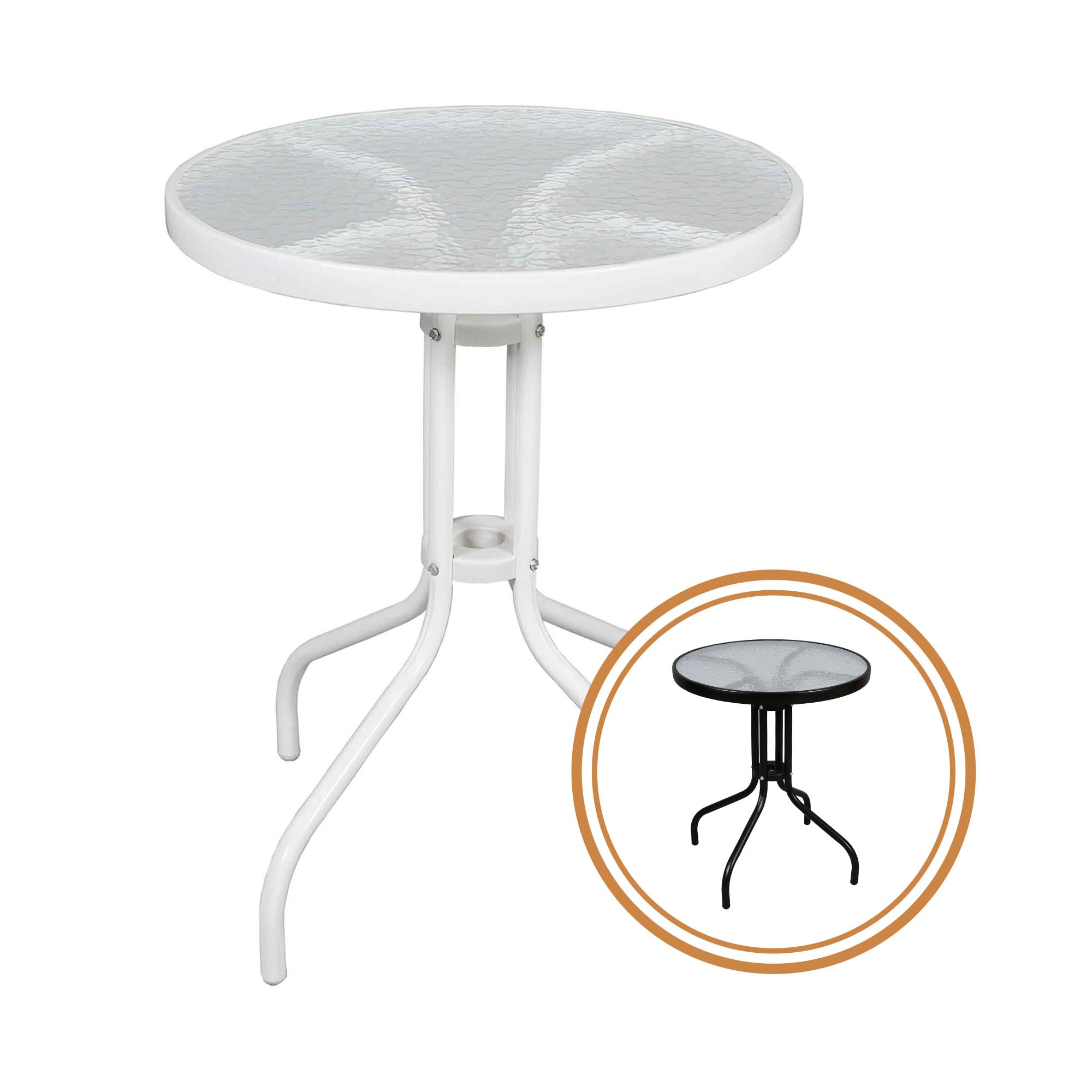 THE SECRET HOME - Mesa Redonda de Metal con Base de Cristal Texturizado - Alto. 70 cm x Diámetro. Ø60 cm - Color Blanco - Mesa para Jardín, Terraza, Patio o Balcón
