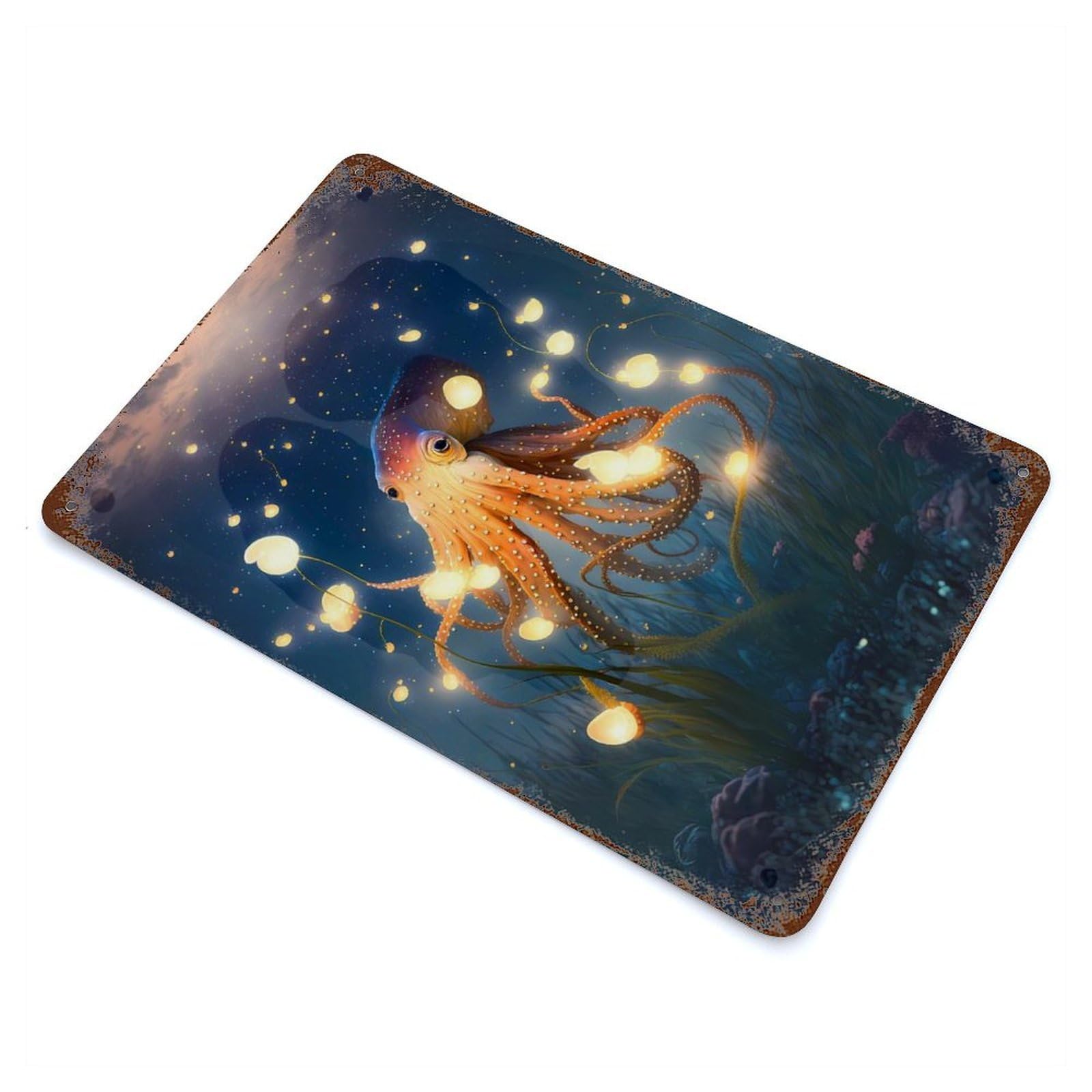 Octopus Fairyland Vintage Wall Sign 11.8"x7.9", Rust Effect Metal Decor for Office, Studio And Wall Decor