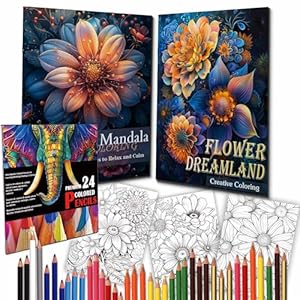 Mandala Adult Coloring Books for Women, 2 Pack Mindfulness Coloring Book with 24 Colored Pencils for Stress Relief, 44 Pictures Flower Coloring Book for Adult, Two Sided Design Relaxing Gift for Women