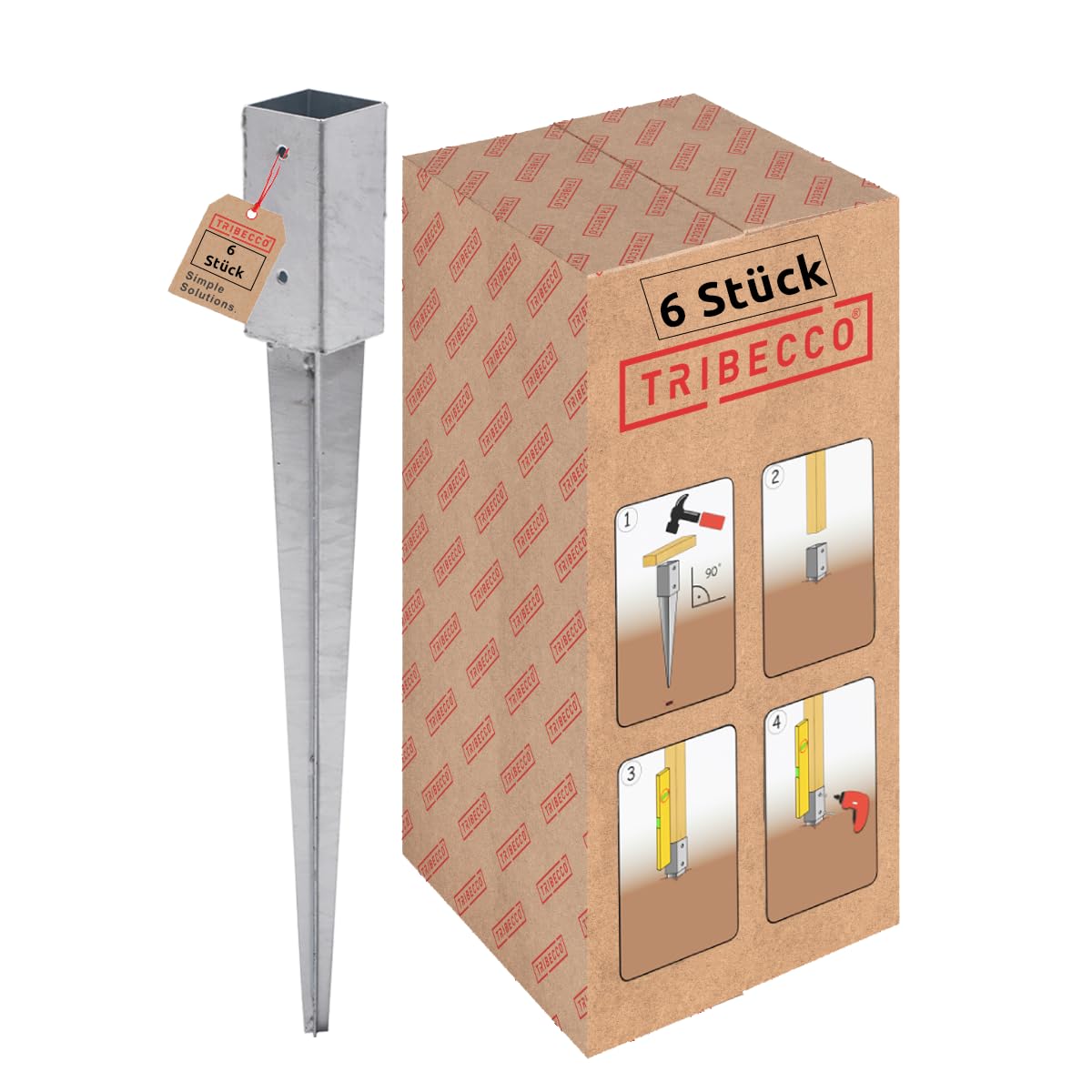 TRIBECCO Juego de 6 casquillos para suelo de impacto 61 x 61 x 650 mm, galvanizados en caliente, soporte para postes de madera cuadrada, anclaje para vallas y postes de puertas (6, 61 x 61/650)
