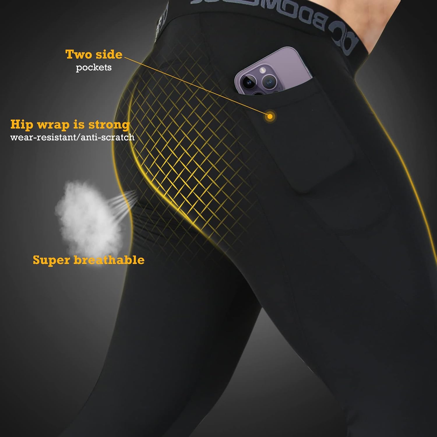 BOOMCOOL Men's Compression Pants with Pockets, Men's Running Tights Leggings Workout Dry Baselayer Gym Athletic Yoga Pants