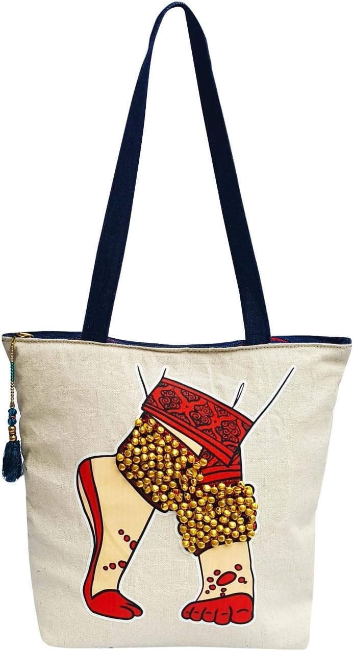 Hand-Printed Tote Bag with Classical Design–Reusable, Zipper Closure For Women & Girls