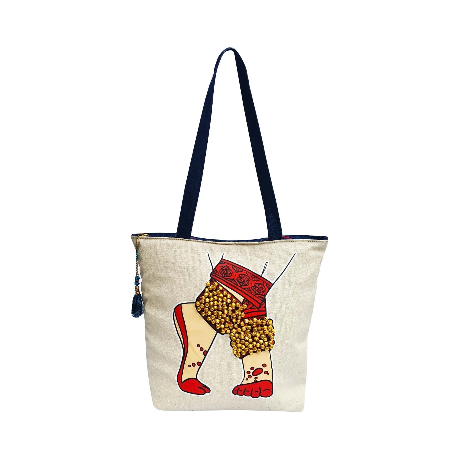 The Purani JeansHand-Printed Tote Bag with Classical Design–Reusable, Zipper Closure For Women & Girls