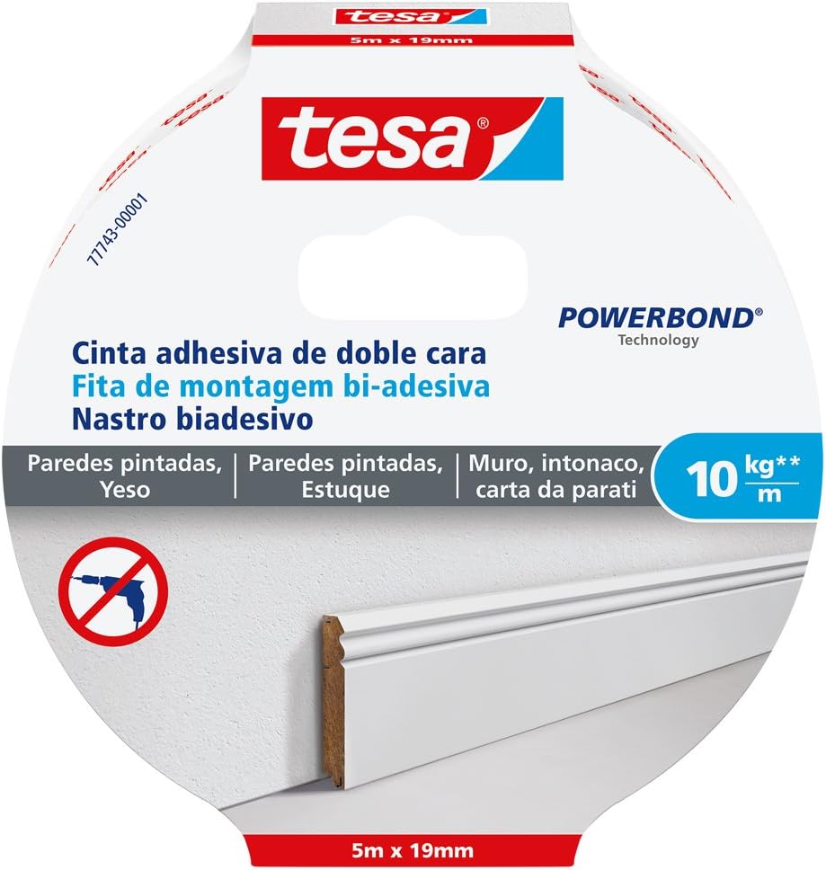 tesa 77743-00001-00 TE77743-00001-00 SMS Cinta adhesiva de Doble Cara Powerbond 5:19mm para Pared Pintada, Standard, 5x19mm
