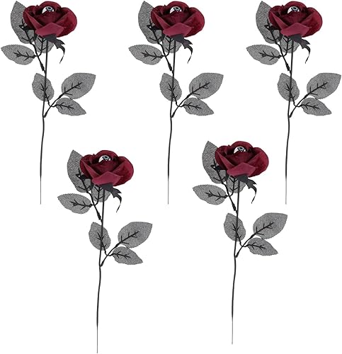 DECHOUS Cable para máquina de uñas, 5 unidades, rosas negras de Halloween, flores negras falsas de Halloween, rosas artificiales de seda con globo