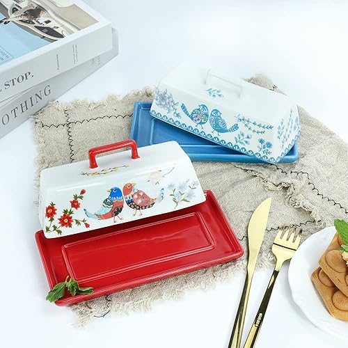 Miniatura 5 de Sizikato Mantequillera de porcelana con tapa, patrón de flores azules y pájaros, 7.5 pulgadas