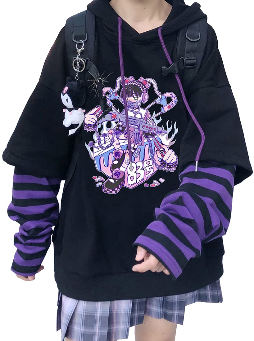 WINKEEY Sweat à Capuche Animé Y2K Pull Gothique Japonais Kawaii Femme Impirmé Manga Motif Mignon Sweatshirt Harajuku à Manches Longues