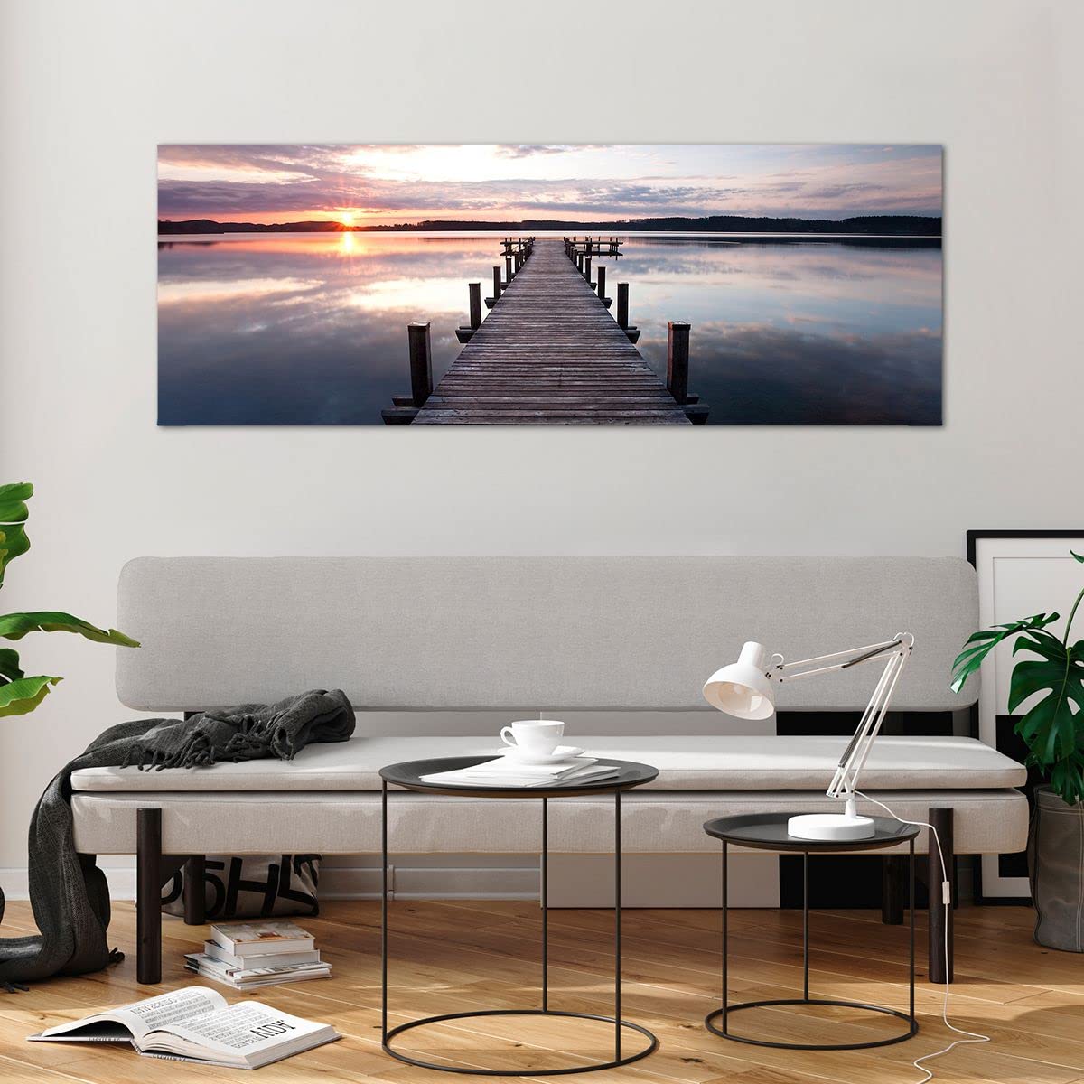 Moderne Impression sur Verre Passerelle Lac Coucher de soleil soir Image Tableau en Verre Decoration Murale 140x50cm Deco Salon Chambre Panoramique Grand XXL Tableaux Decoratifs Art GAB140x50-2635