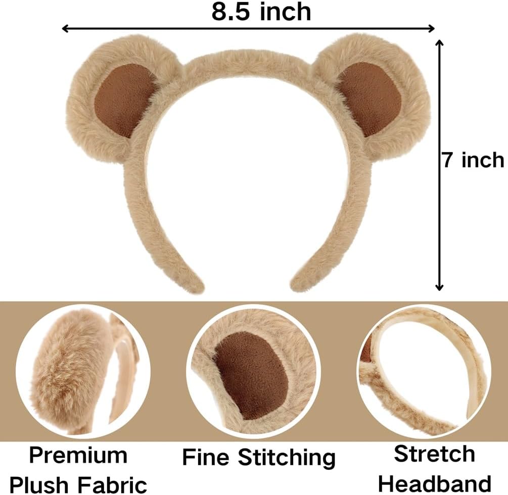 Brown Bear Ears Headband Adult, Bear Costume Fluffy Chipmunk Ears Headband for Party Halooween