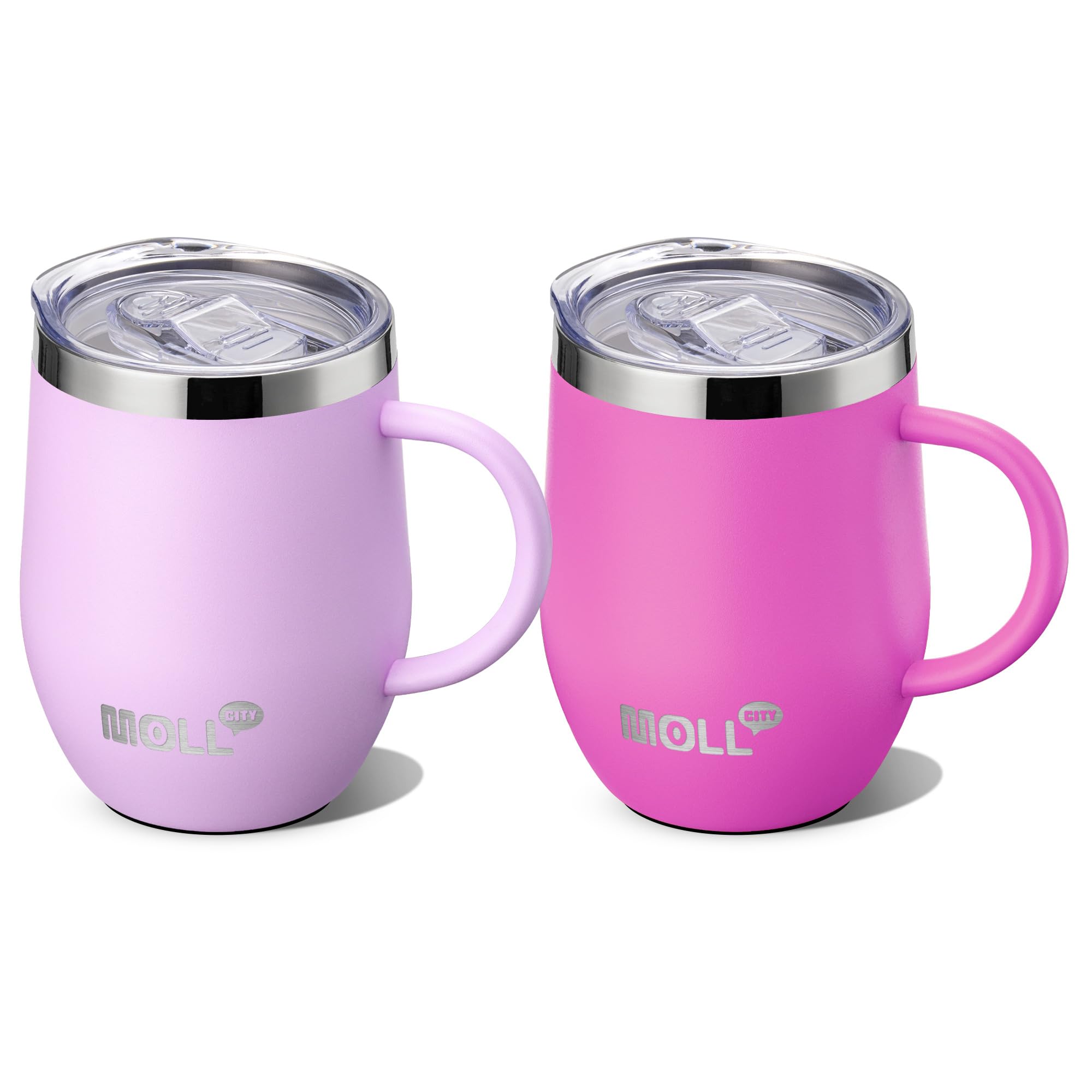 Vaso de 12 onzas con asa y popote, paquete de 2 vasos de acero inoxidable con aislamiento al vacío de doble pared con tapa, reutilizable, a prueba de fugas y sin BPA (morado-rosa intenso)