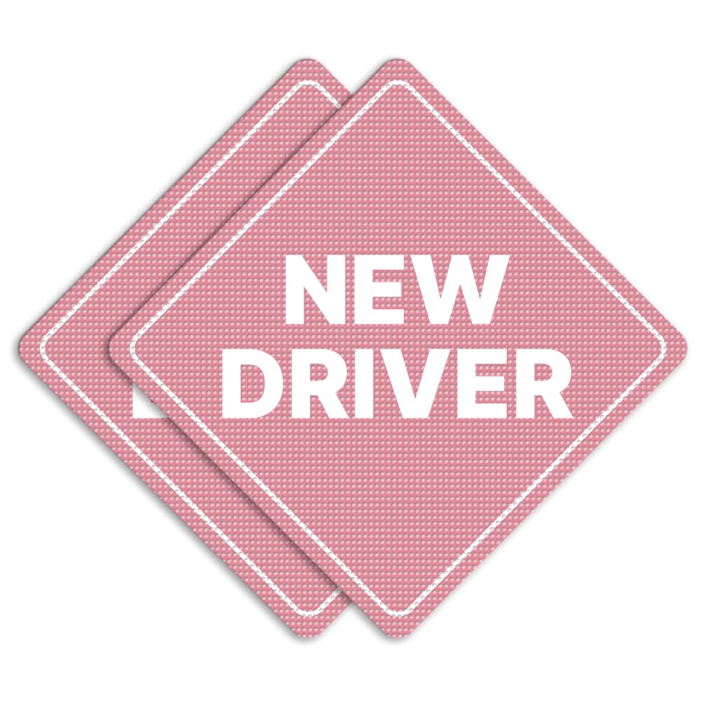 GEEKBEAR New Driver Car Sign - Sticker or Magnet & Color Options, Weather-Resistant - Diamond Shape 6.8 x 6.8 in (See-Through Sticker, Light Pink, 2 Pack)