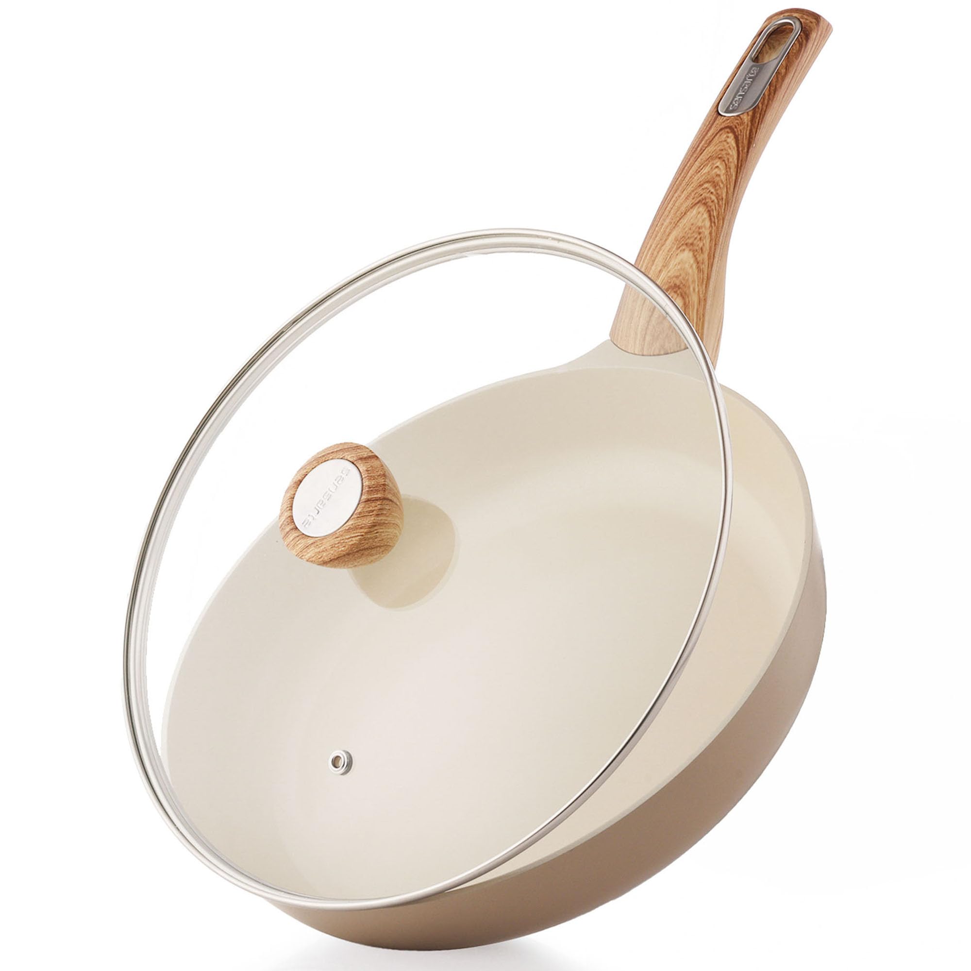 8inch Ceramic Nonstick Frying Pan Paella Pan with Lid, Taupe | Non Stick Omelet Pans, Non-toxic Healthy Kitchen Cooking Chefs Pan, PFOA/PFAS/PTFE Free, Induction Compatible