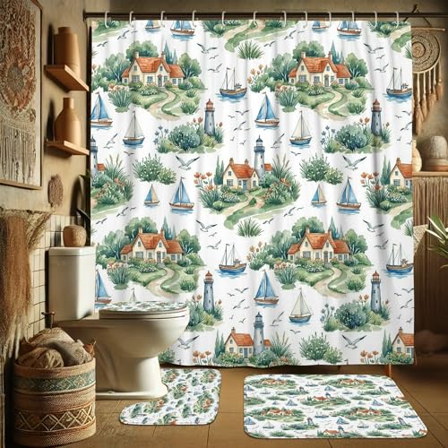 Rideau de douche 183x183 cm imperméable avec tapis de bain bateau voile rustique - 4