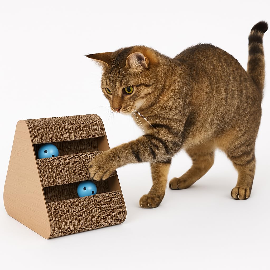 katzenspielzeug - kratzspielzeug Beli dreieck braun 20x24,5x24,5 cm - karton recycelbar - 3 Seiten - mit katzenminze - 2 glöckchenbälle - kratzbrett