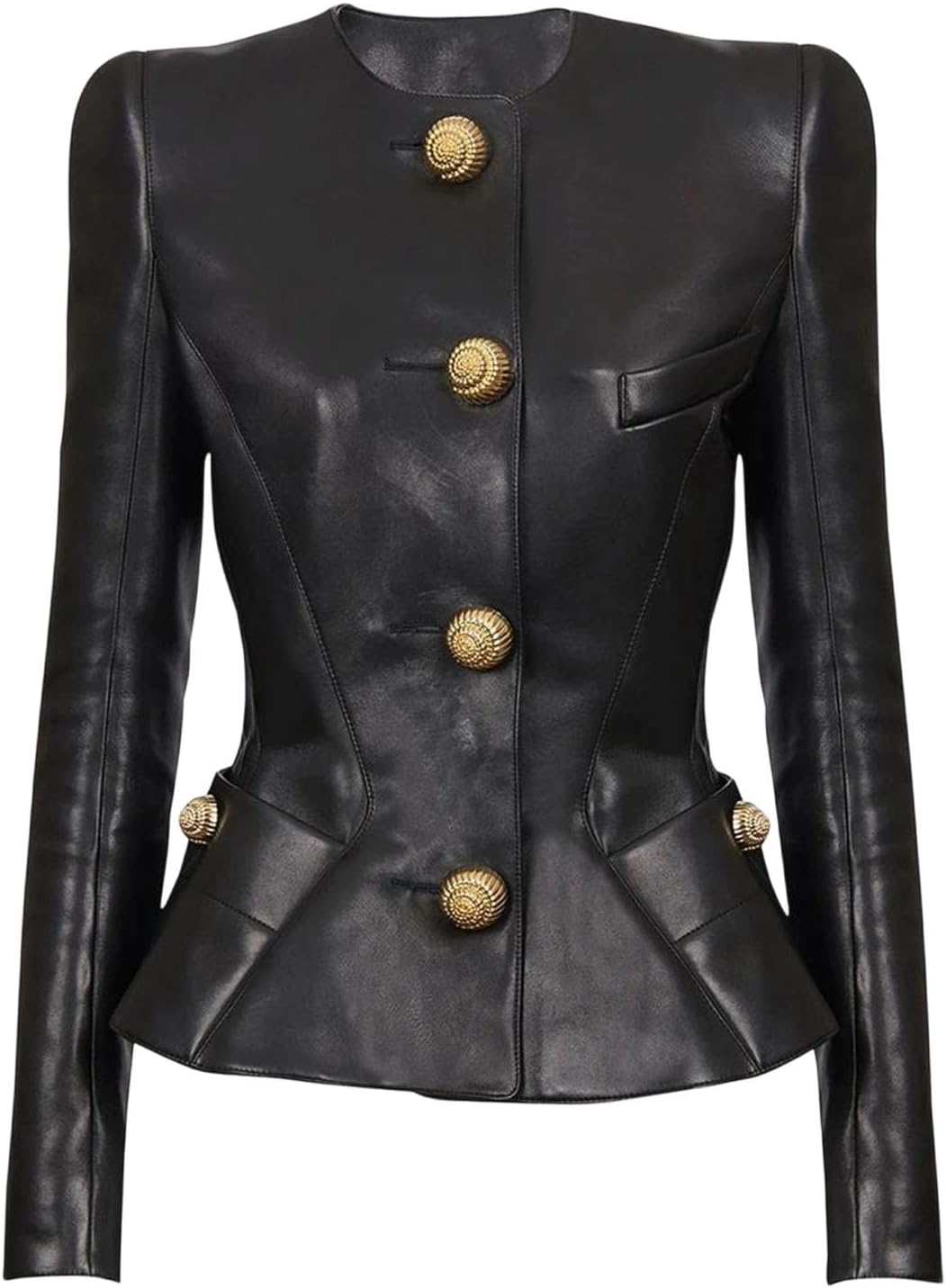 Women's Spring Slim Round Neck Long Sleeve Metal Button Pu Leather Waist Suit Jacket