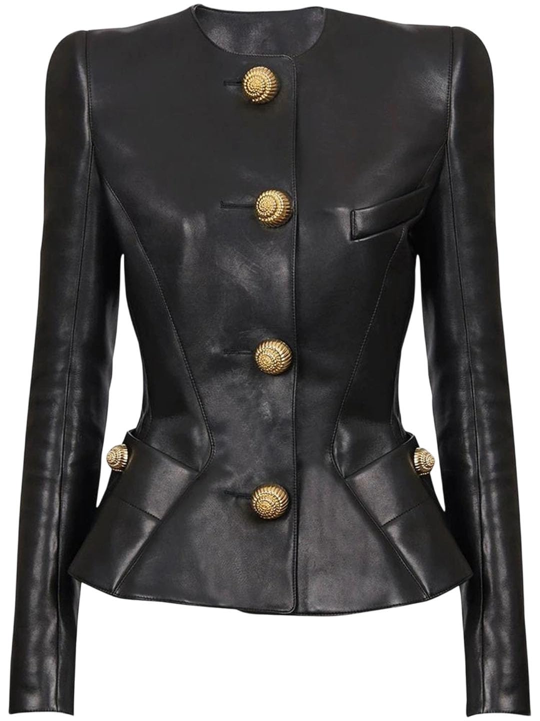 Womens Spring Slim Round Neck Long Sleeve Metal Button Pu Leather Waist Suit Jacket