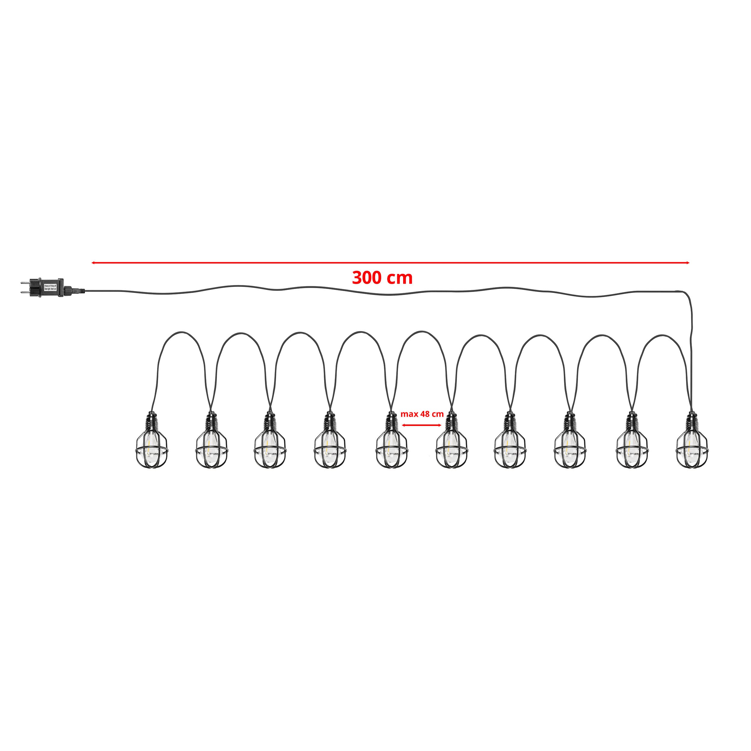 AMARE Catena luminosa industriale per interni ed esterni, 10 lampadari con alloggiamento della lampada nera, cavo da 3 m, IP44 e timer