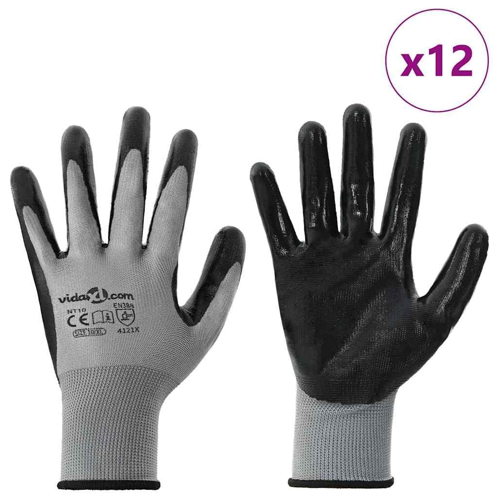 Arbeitshandschuhe 12 Stück Grau Schwarz XL Polyester, rutschfest, schnittfest, langlebig, für Garten, Werkstatt, Industrie, Arbeitsschutz, vielseitige Nutzung