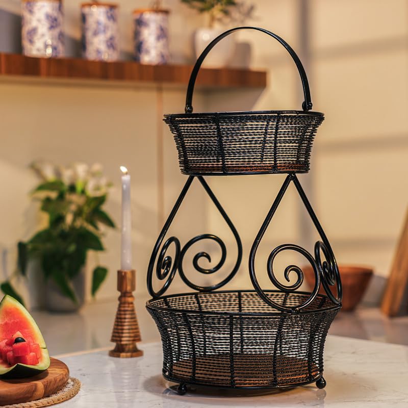 Image of Swirl Multipurpose 2-Tier Storage Basket | Acacia Wood & Iron Handles | Wooden Storage Organizer Basket | Kitchen, Living Room, Bathroom & Home Decor | Natural Finish