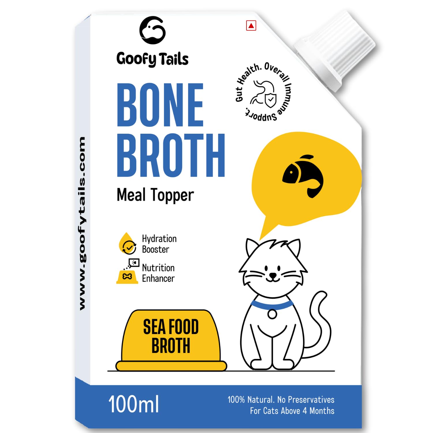 Goofy Tails Sea Food Bone Broth for Cats 300 ml (100ml X 3 Pack), Human Grade, Preservative Free,Gut Friendly Cat Food Topper, Natural Hydrating Liquid Cat Treats,Cat Supplements with Natural Collagen
