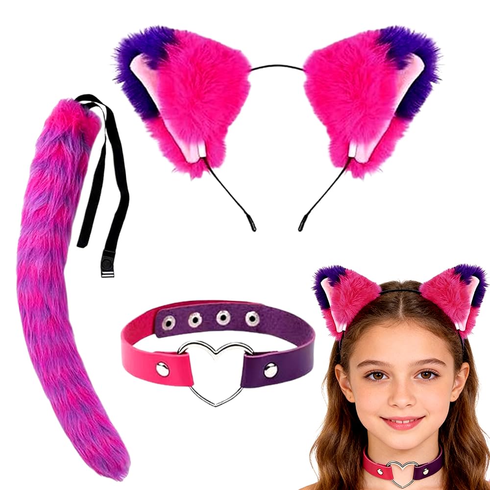 Disfraz Gato Niña, Rosa y Púrpura Disfraz de Gato, Disfraz de Gato para Niños Adultos, 3 Piezas Conjunto de Cosplay de Gato Orejas Carnaval Fiesta Cosplay de Animales Disfraz