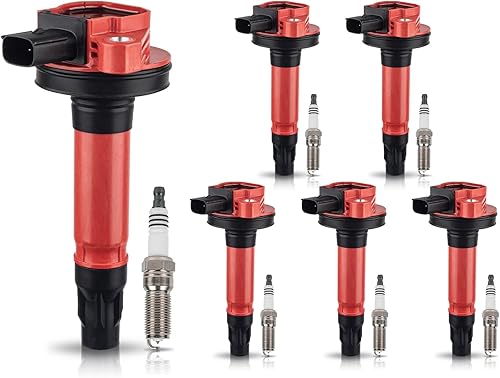 ENA Juego de 6 bobinas de encendido rojas, 6 bujías platino 3.5L 3.7L V6 compatibles con Lincoln Ford Mustang Edge Explorer F150 Flex Taurus Transit