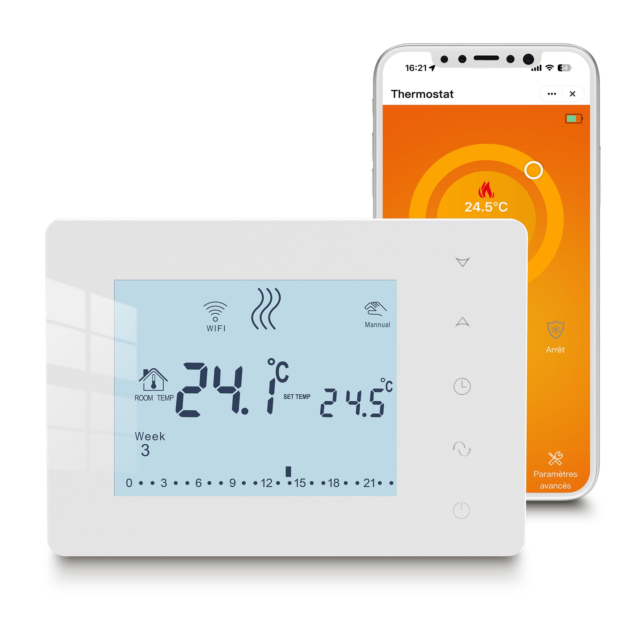 Beok Thermostat chaudière gaz connecté à Piles,en saillie, Grand écran, 3A