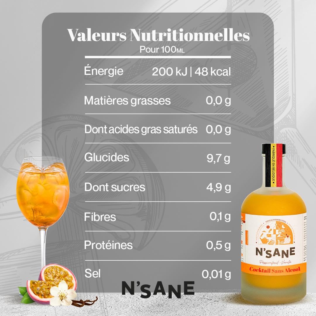 Mélange pour cocktail N’Sane Fruit de la Passion Vanille | Boisson sans alcool 500ml sans sucres ajoutés | Base naturelle pour cocktails, mocktails & boissons chaudes