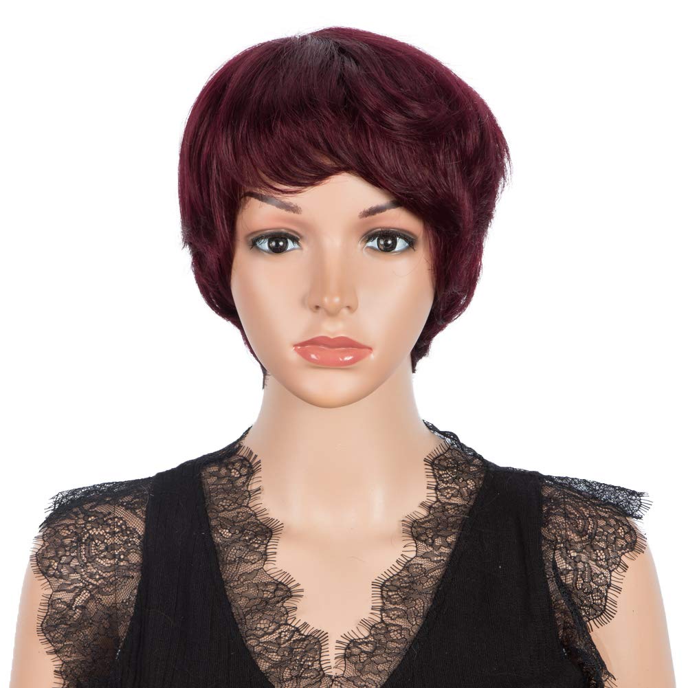 Joedir Pixie Cut Short Human Hair Wig for Black Women Brazilian Hair Pixie Wigs with Bangs Machine Made 130% Density Real Wig(Burgundy Red/Dark Wine Color)-image-40