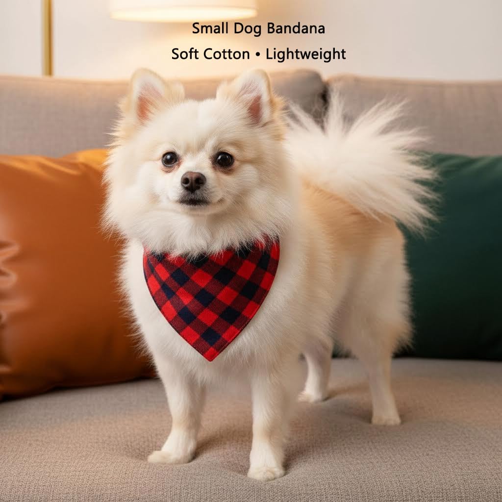 Katzen-Halstuch, kariert, für kleine Hunde, Baumwolle, Welpen-Taschentuch, Büffelkaro, verstellbares Haustier-Bandana mit Druckknopf, Rot