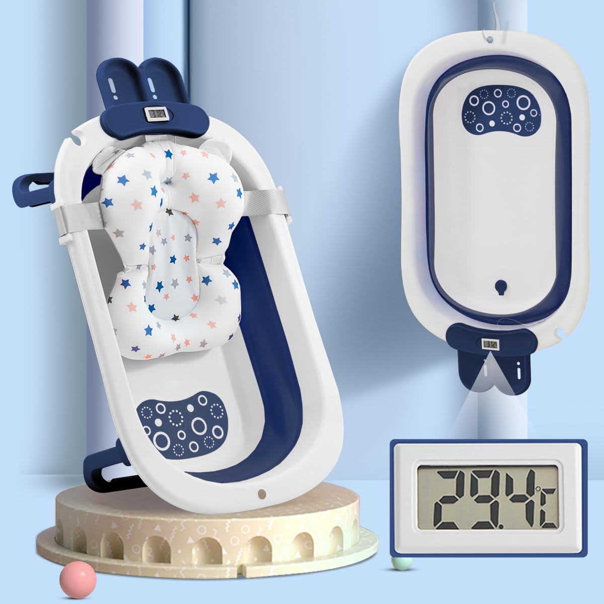 StarAndDaisy Bath Tub for Baby 0-3 Years / New Born Baby Foldable Bathtub with Bathing Bather Cushion Chair, Real Time Digital Temperature Sensing Fast Drainage, Space Saving, Bath Tub for Kids Girls & Boys. (White-Blue) (B0CF56K2S3) Amazon Price History, Amazon Price Tracker