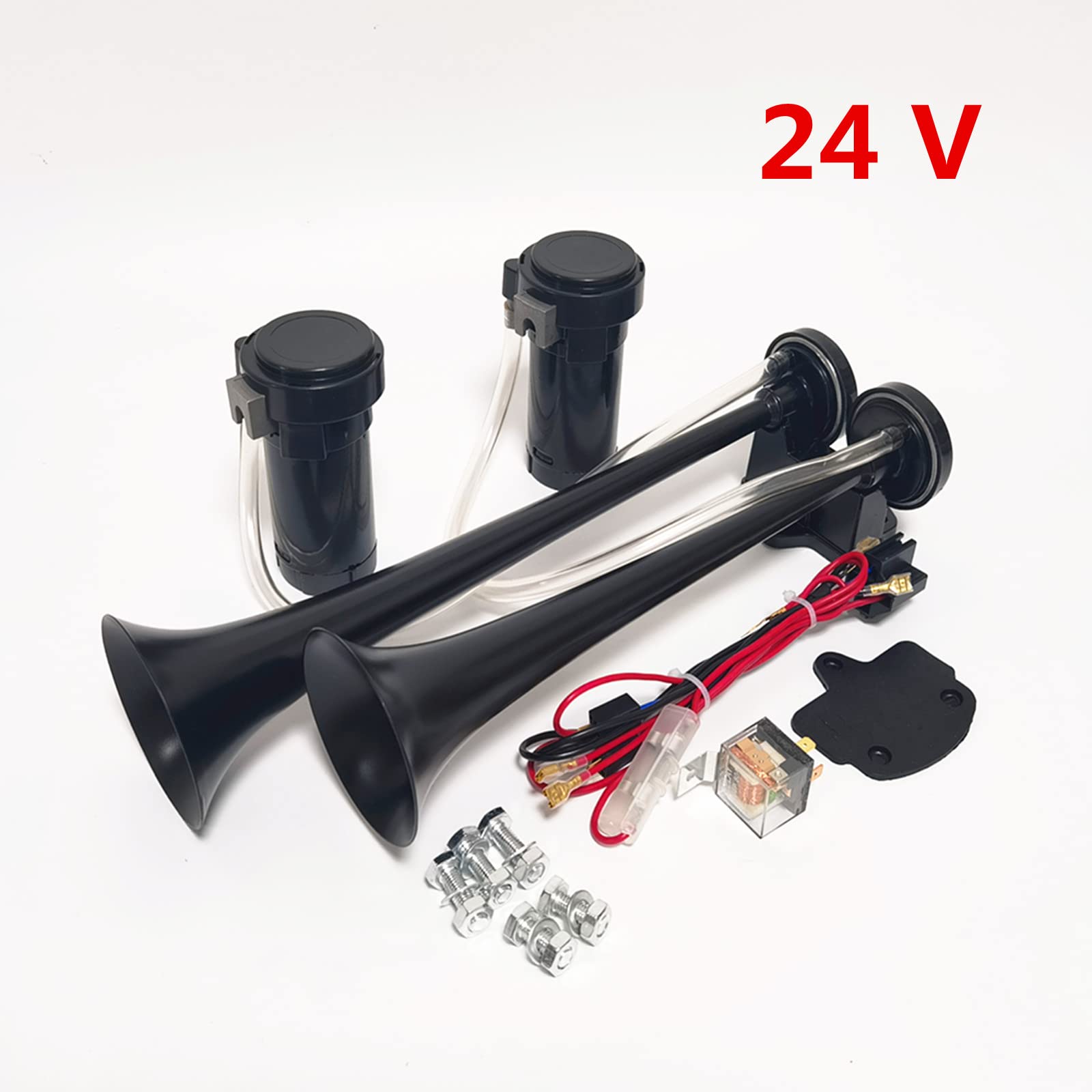 Klaxon Pneumatique 165db Chrome Zinc Noir Double Tube Trompette 24V pour Camion, Bateau, SUV - Tonalité Haute et Basse avec Deux Pompes à Air
