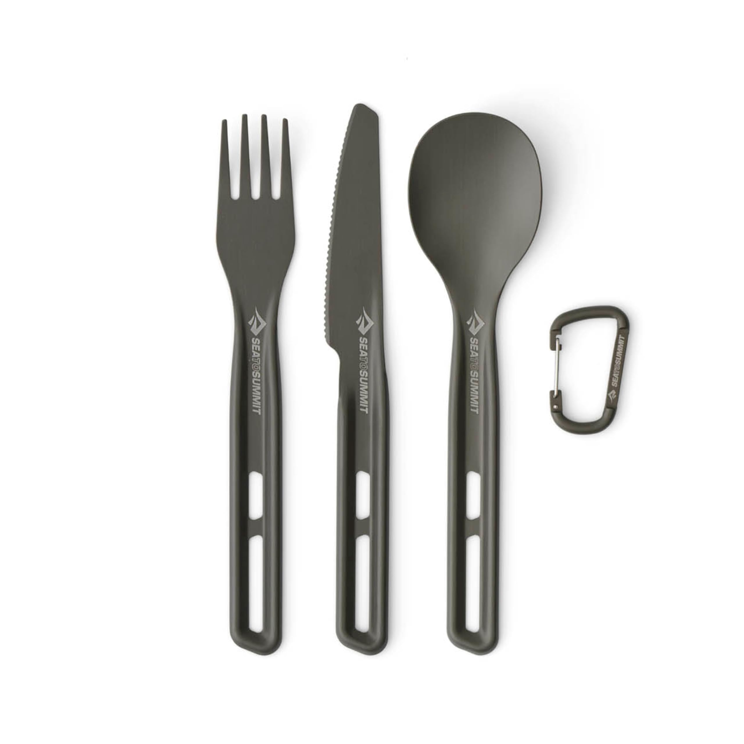 SEA TO SUMMIT - Frontier Ultraleichtes Besteckset - 1 Person, 3-teilig - Camping-Gabel, Löffel & Messer + Karabiner - Leicht - Campinggeschirr aus harteloxiertem Aluminium - Glatt & Mattiert - 26 g