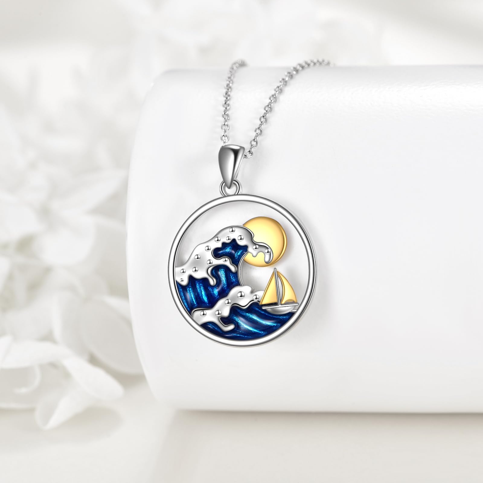 Onda collana in argento Sterling 925 blu oceano ciondolo nave gioielli regalo per uomini donne surfisti, Argento sterling, Nessuna pietra preziosa