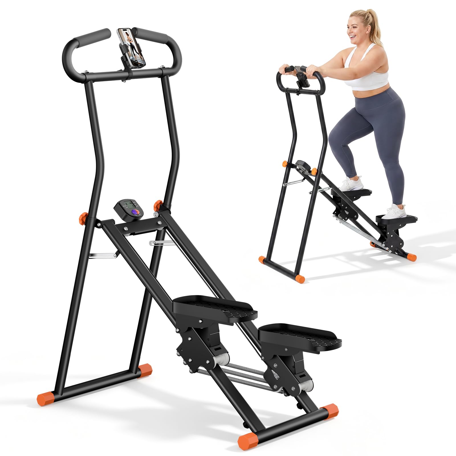Stepper Home Fitness - Crosstrainer in metallo con LCD, 3 livelli di resistenza | Supporto per telefono, regolabile in altezza, portatile, per fitness, fino a 150 kg, nero
