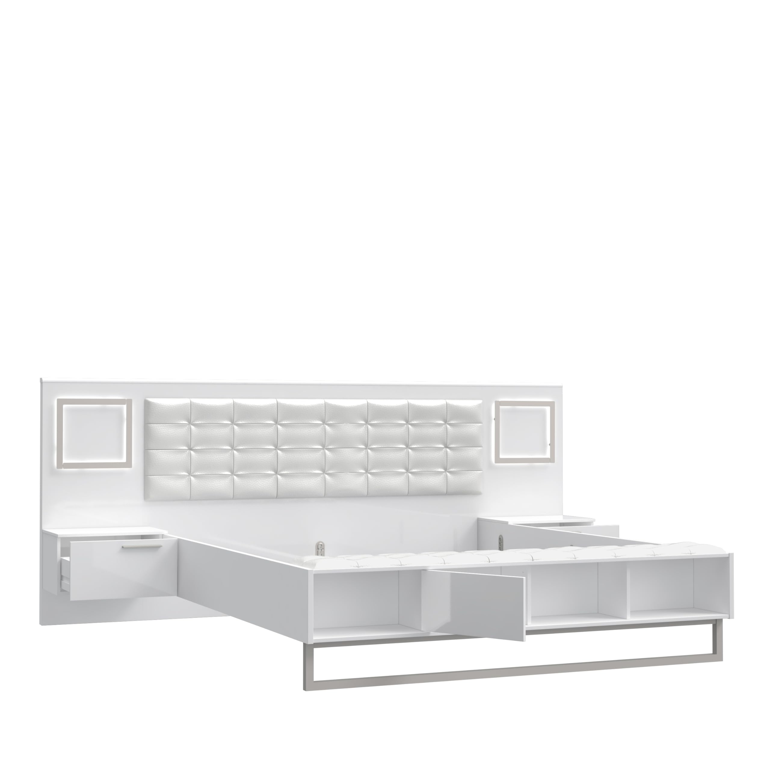 Forte Sirius Crown Bett 280 290, modernes Bett + 2 Nachtkommoden mit 2 Schubladen, weißes Bettgestell, Holzwerkstoff, Weiß/Weiß Hochglanz, 287 cm breit x 119,7 cm hoch x 234,7 cm tief