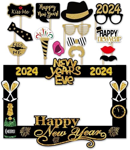 Suministros de accesorios para cabina de fotos con purpurina para fiesta de Año Nuevo 2024 con marco de papel (paquete de 15)
