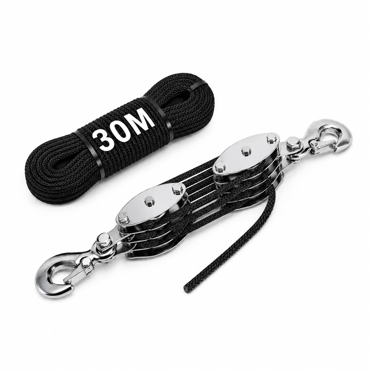 Flaschenzug Set 2000 kg Bruchlast, 8:1 Handseilzug mit 20 m Nylonseil, 300 kg WLL, Umlenkrolle inkl. Hebebänder, Schäkel & Handschuhe, 270° Drehbarer Haken für Jagd, Werkstatt, Garage und Forst