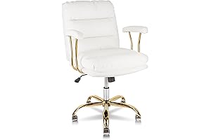 White and Gold Ergonomic Faux Leather Office Chair with Wheels and Arms