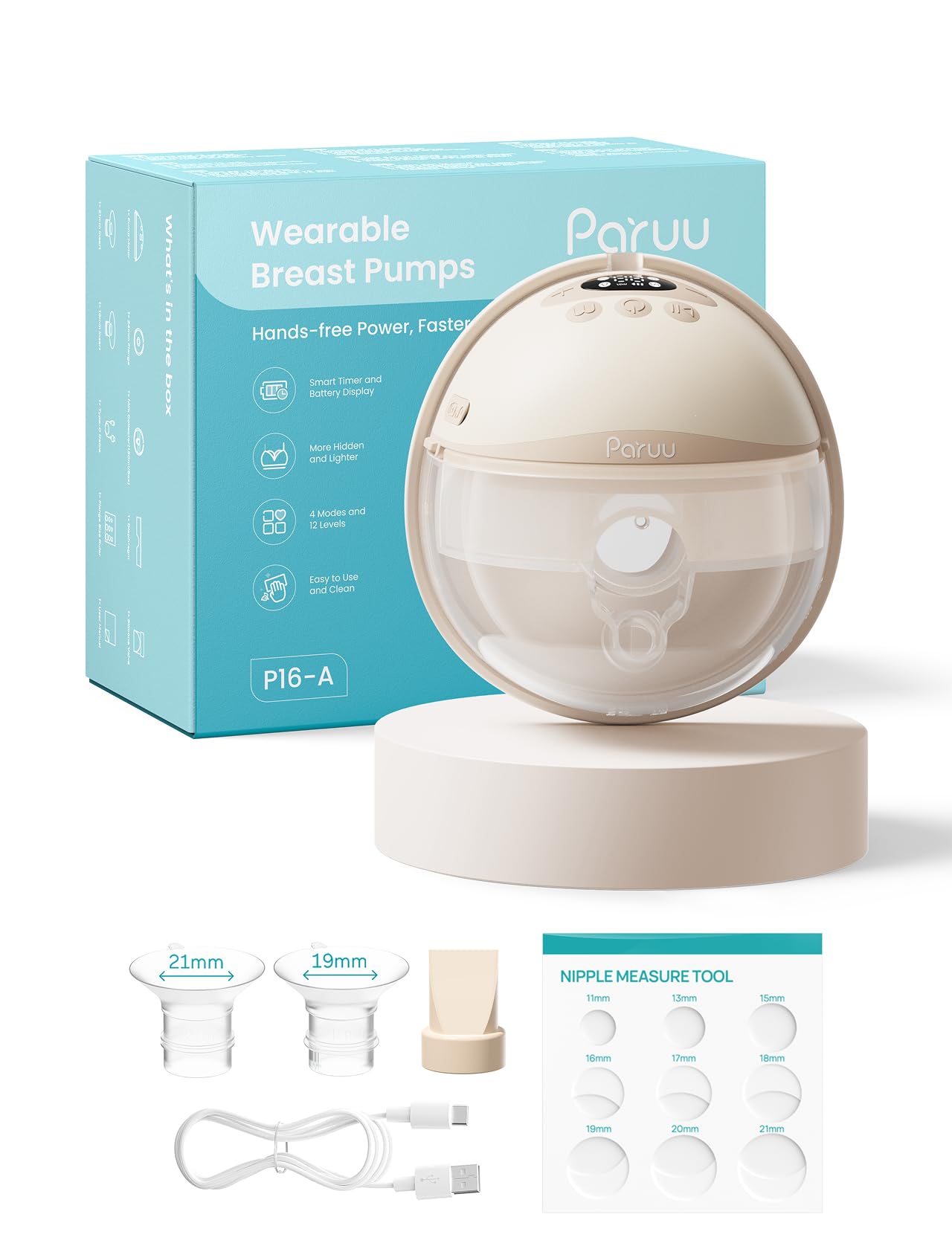 Paruu Hands Free Breast Pump P16-A, Wearable Breast Pump Electric Portable with 4 Modes & 12 Levels, Max 309 mmHg Strong Suction 19/21/24mm Flange Inserts, 1 Pack (Nude)