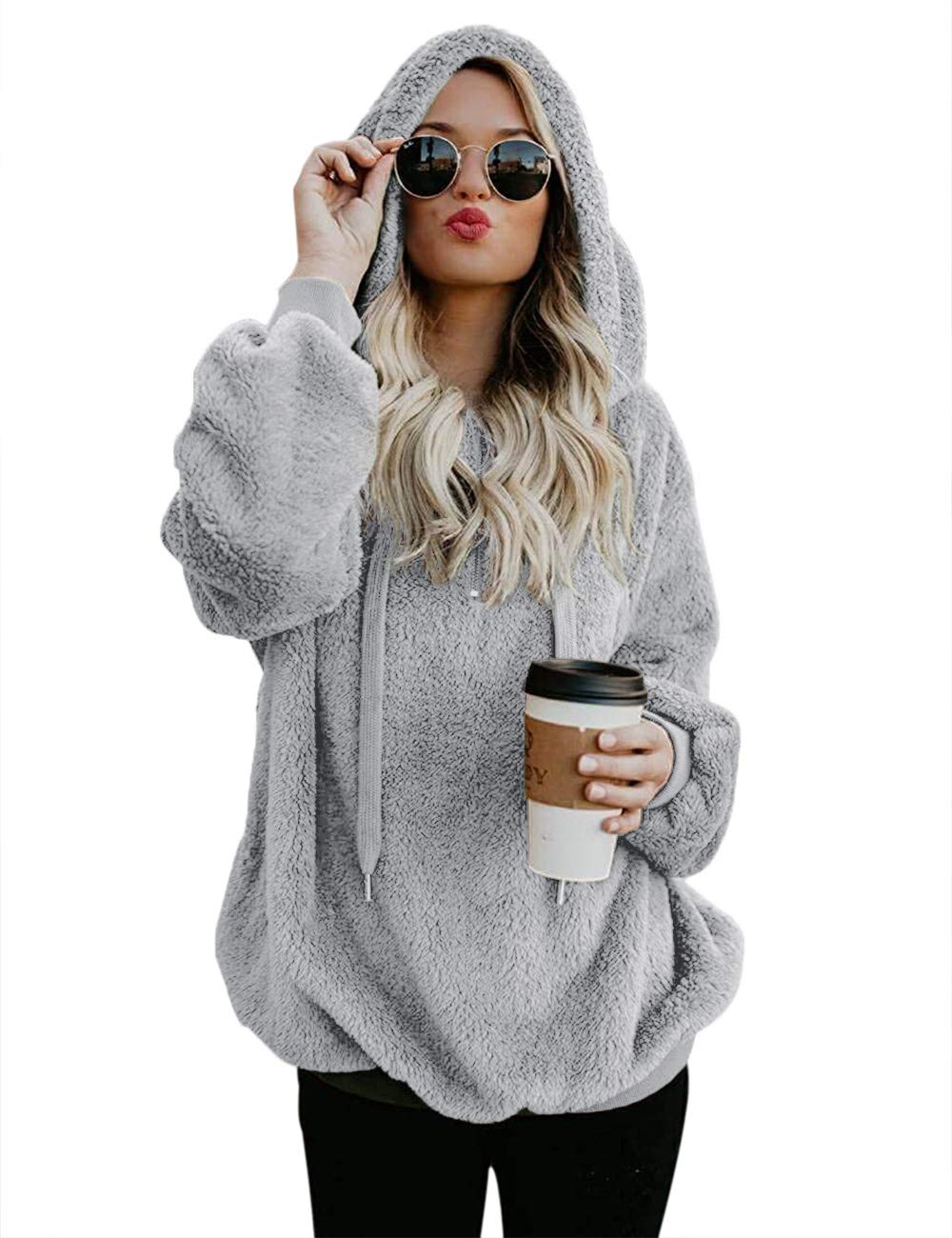iWoo Ladies Teddy Coats Stylish Warm Loose Casual Fluffy Jacket Autumn Winter Warm Zipper Sweatshirt Women(Light Grey,XXL)