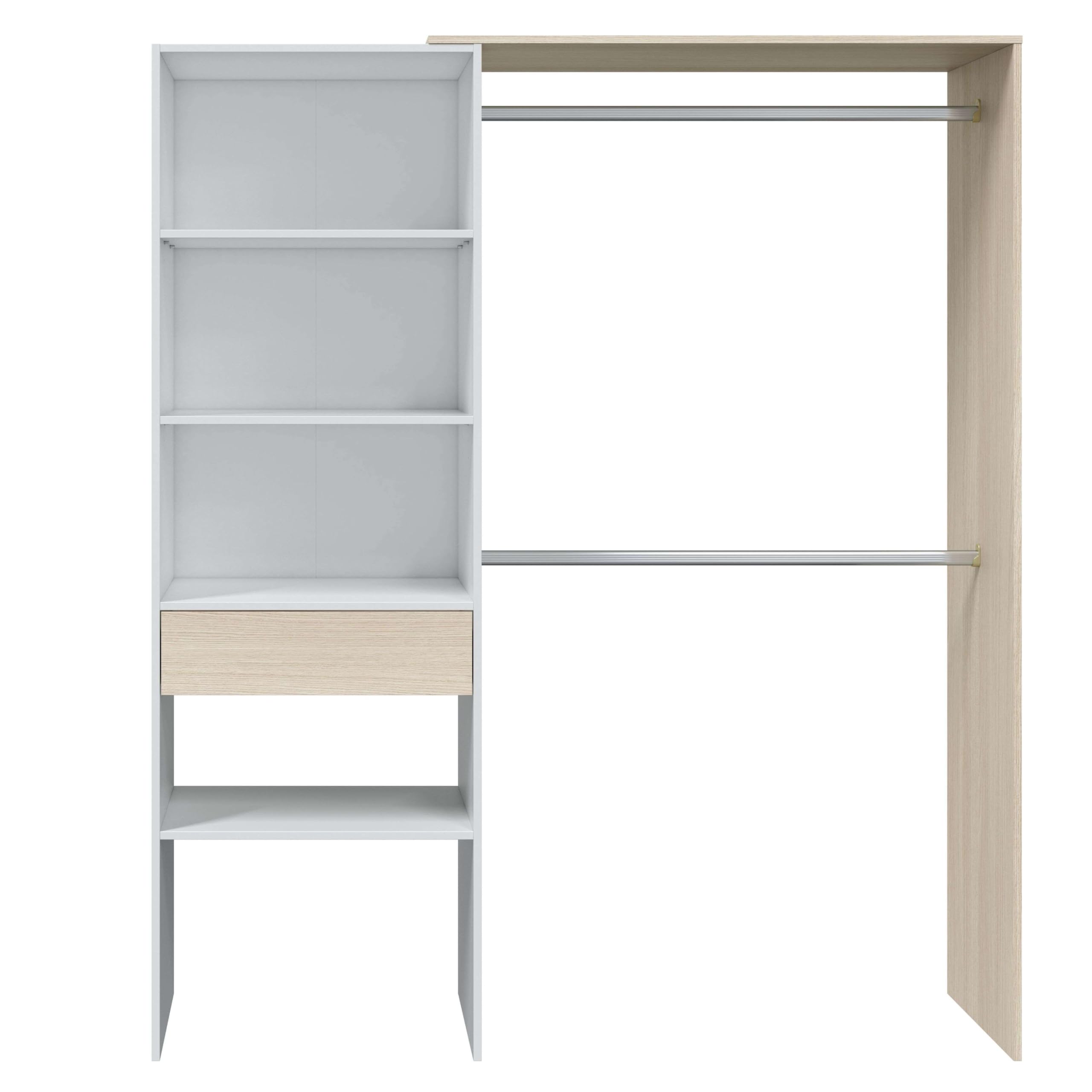 Habitdesign Armoire 2 tringles 4 étagères 1 tiroir 187 x 158 x 40 cm (H x l x P x P) - Dressing réversible Blanc « Artik » et chêne