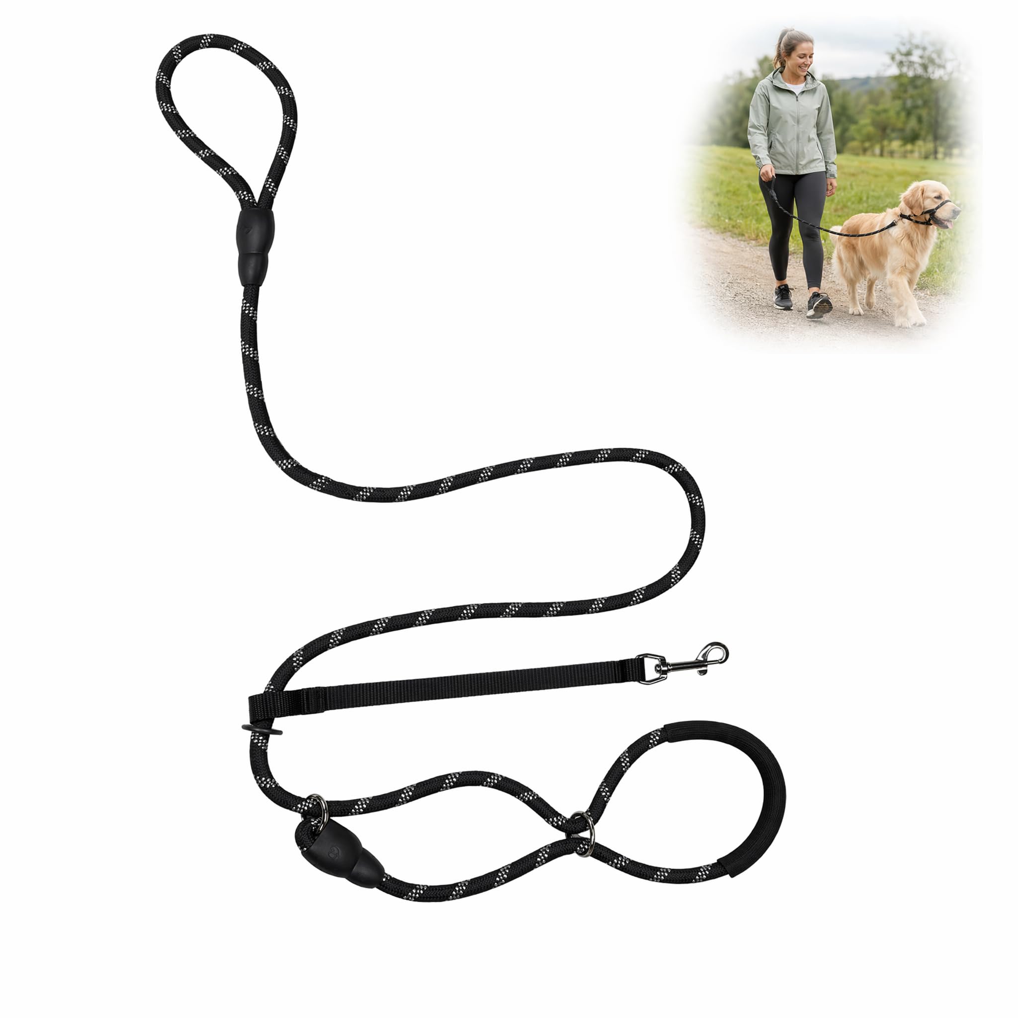 Figure Of 8 Dog Lead, Slip Lead for Dogs with Muzzle and Collar(Black)