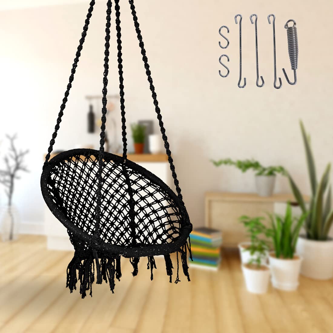 Curio Centre Make in India Round Cotton Rope Hanging Swing for Adults & Kids with Spring Kit/Swing Chair for Indoor, Outdoor, Home, Patio, Yard, Balcony, Garden (145x57x43 cm, 100 kgs Capacity, Black)-image-29
