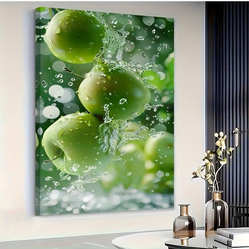 Cuadro de manzanas verdes y agua contra paredes sosas: lienzo listo para colgar 30x40