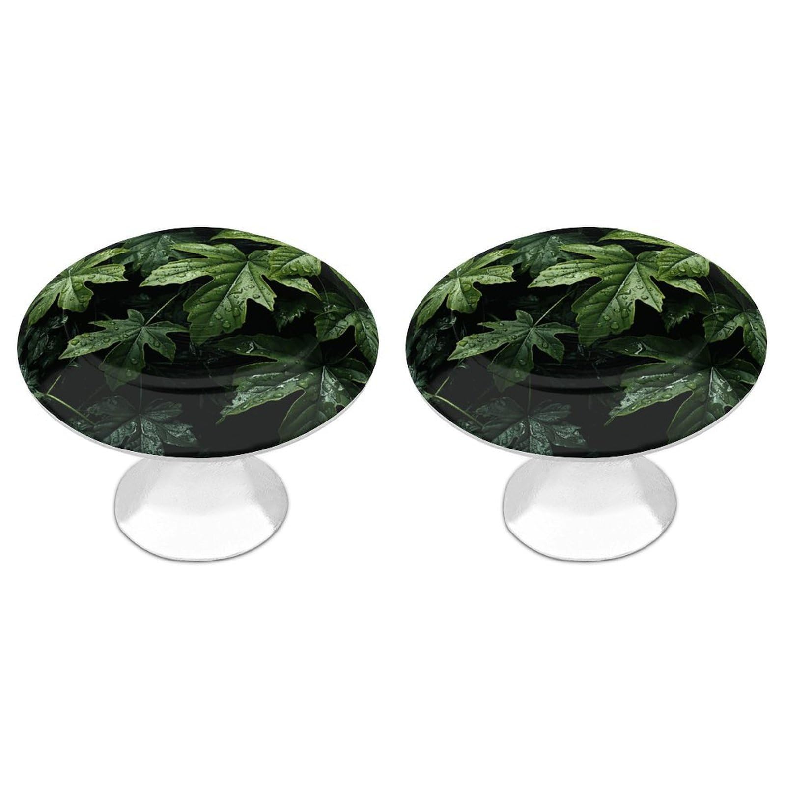 QMNLKH Green Leaves Pattern Cabinet Knobs for Home, Round Drawer Pulls for Kitchen, Personalized Cupboard Handles with Screw, Fashion Dresser Knobs for Office, Drawer Handles, 2 Packs