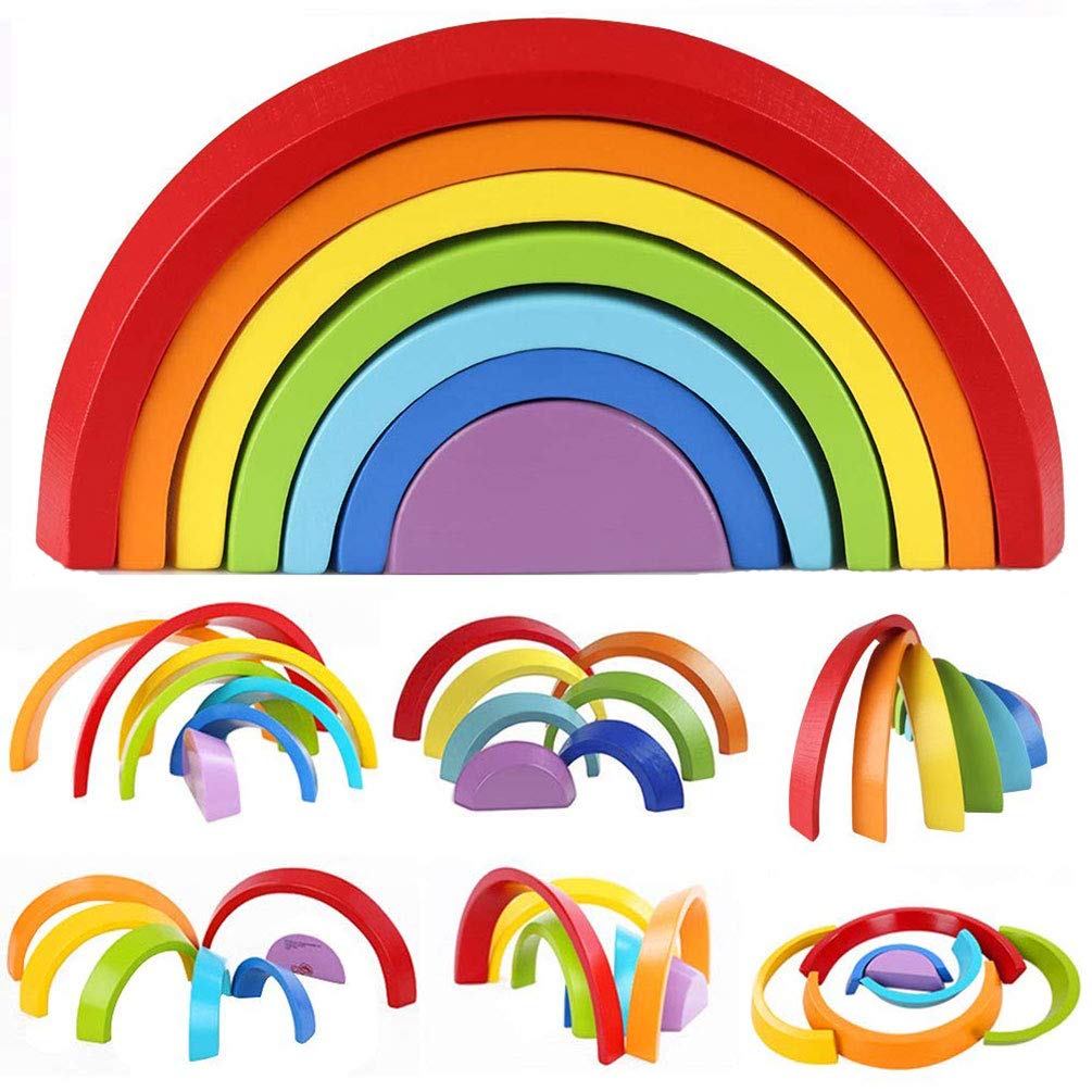 HOMNIVE Wooden Rainbow Toys - Stacking Game Learning Toy - Geometry Building Blocks Nesting Blocks - Early Development Educational Toys for Kids Baby Toddlers