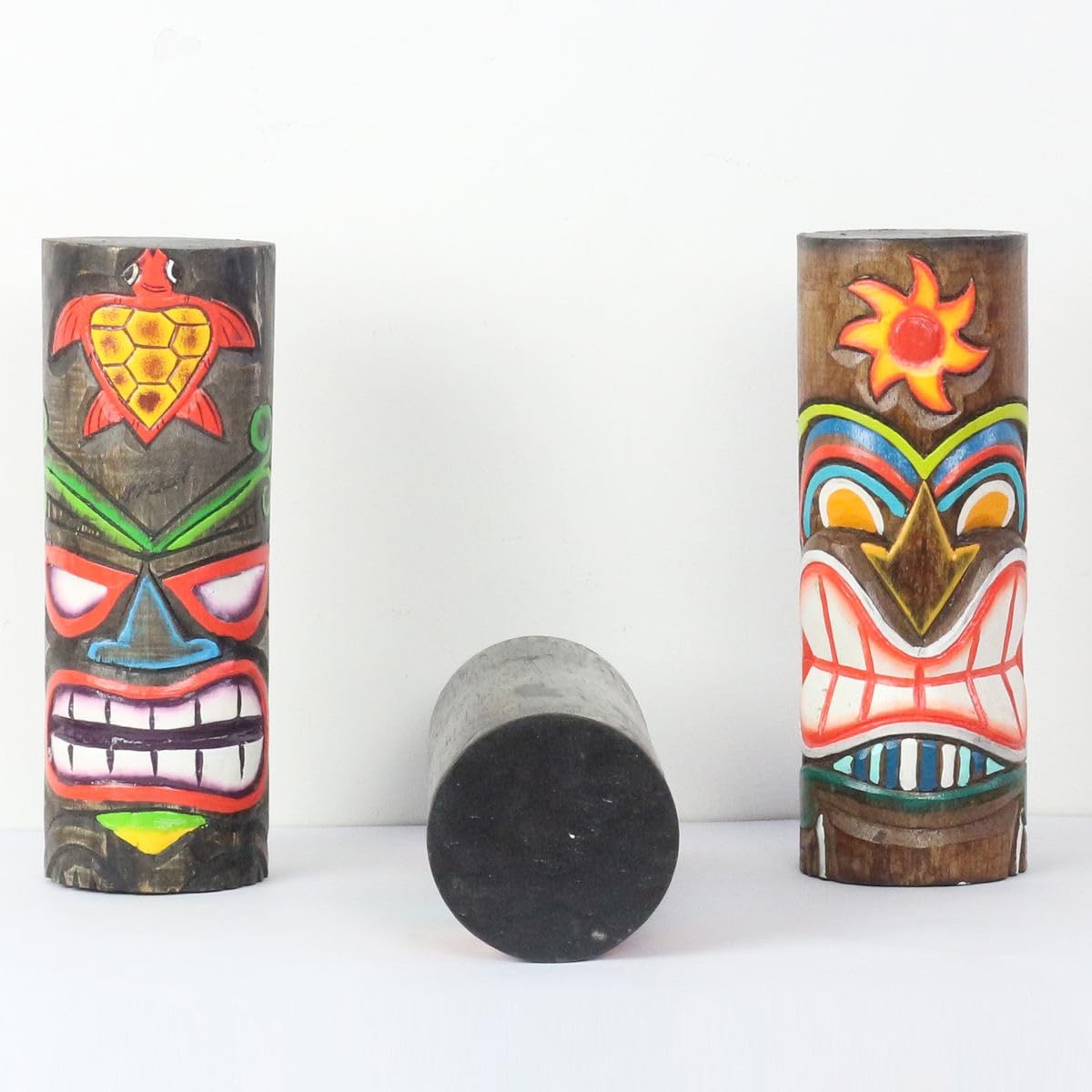 3er Set Tiki Maori Figuren Skulpturen Pole Pfahl Deko Holz Exotisch Hawaii Partykeller Deko 25 cm