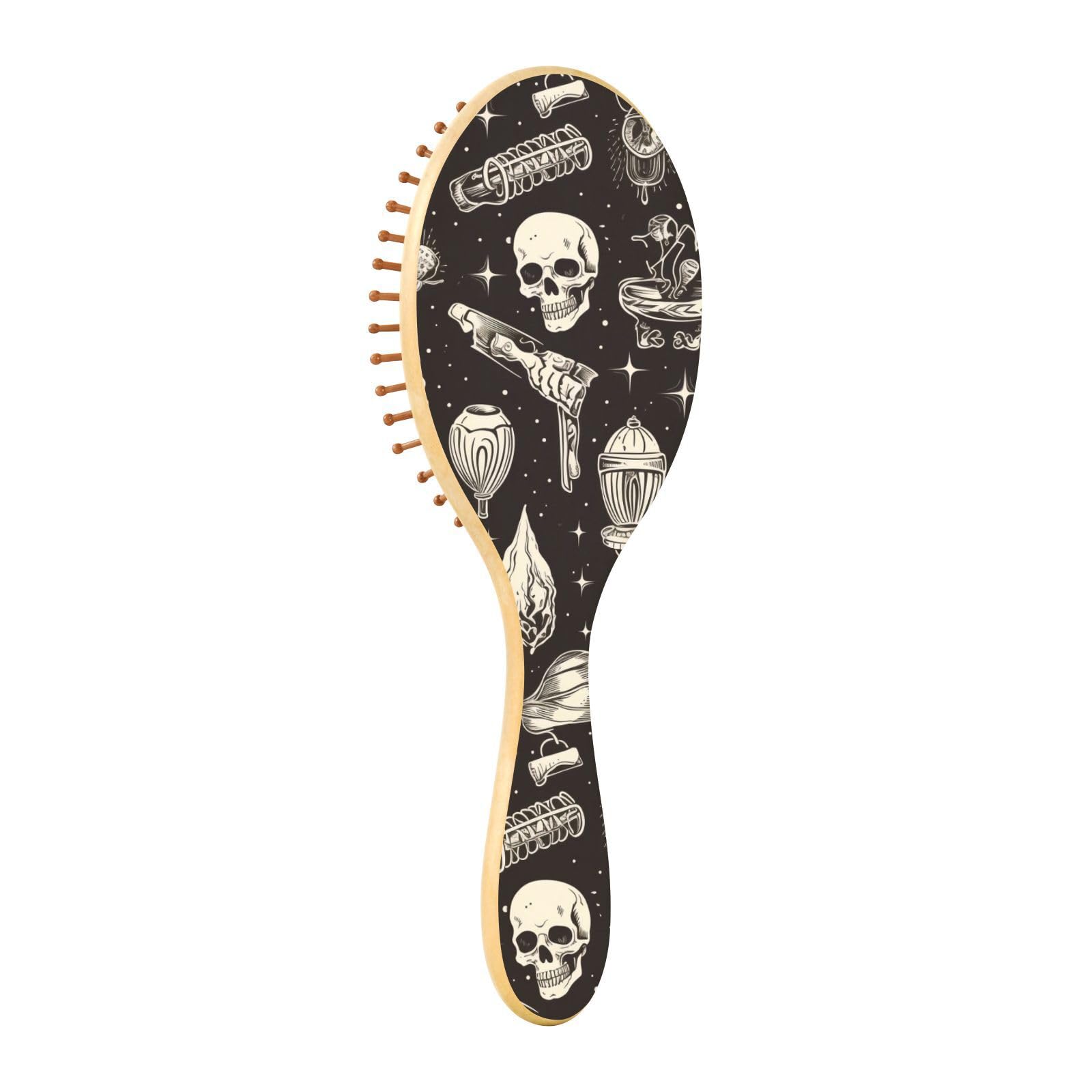 ALAZA Skull Witchy Hair Brush for Women Men Natural Wood Detangler Brushes for All Hair Types Hairbrush for Wet & Dry